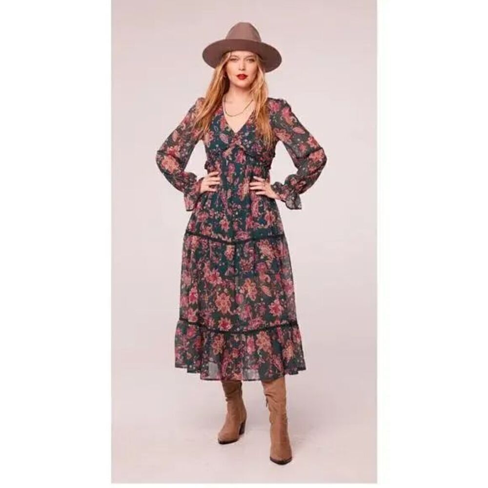 Band of the Free BOG Dress Small Run the World Pine Berry Boho Floral Flowy Midi